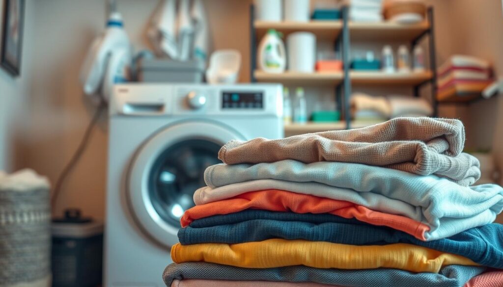 A meticulously detailed photograph taken with an iPhone 16 Pro Max, showcasing the importance of proper laundry practices. In the foreground, a neatly folded stack of freshly washed and dried clothing, each item retaining its vibrant colors and soft texture. The middle ground features a modern washing machine, its sleek design and digital display conveying the technological advancements in home appliances. In the background, a well-organized laundry room with shelves stocked with detergents, fabric softeners, and other essential laundry supplies, all bathed in warm, diffused lighting that creates a cozy, inviting atmosphere. The overall scene emphasizes the significance of following correct washing procedures to preserve the longevity and quality of one's wardrobe, a crucial aspect of the article's subject matter.