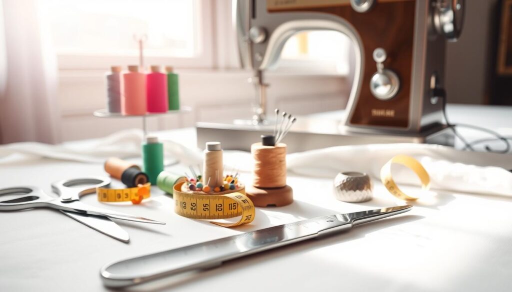 A neatly organized collection of sewing tools rests on a crisp white background, illuminated by natural light streaming in from a large window. The foreground features a pair of sharp scissors, a tape measure, and a selection of colorful spools of thread. In the middle ground, a pincushion filled with assorted needles stands alongside a spool of sturdy thread and a thimble. In the background, a well-worn sewing machine sits ready to bring the fabric to life, its polished chrome and wood accents reflecting the soft light. The overall scene conveys a sense of order, preparedness, and the excitement of embarking on a sewing project.