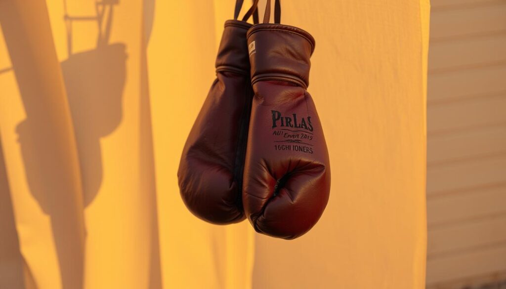 A pair of well-worn, leather boxing gloves hanging on a clothesline, casting long shadows in the warm, golden light of an afternoon sun. The gloves, once vibrant and crisp, now bear the scuffs and creases of countless training sessions and sparring matches. A gentle breeze ruffles the fabric, hinting at the stories they hold. In the foreground, the gloves sway gently, their laces trailing like weathered ribbons. The background is a simple, uncluttered scene, allowing the focus to remain on the boxing gloves and their journey through use and care.