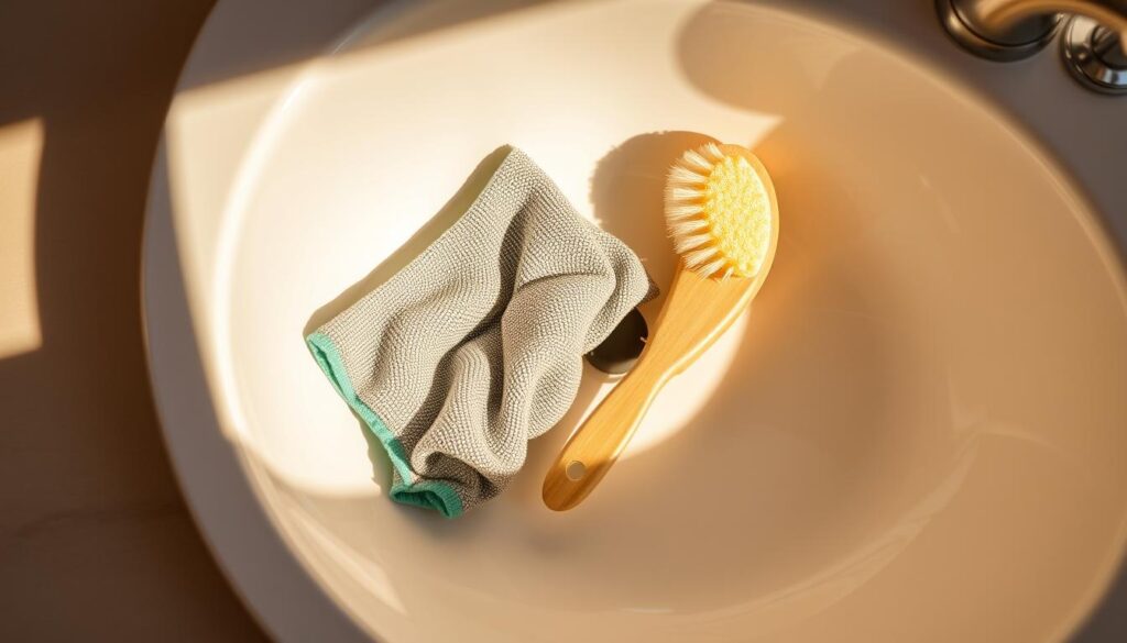 A pristine sink filled with various cleaning tools: a microfiber cloth, a sponge, and a brush. The sink is illuminated by warm, natural lighting, casting soft shadows and highlighting the textures of the tools. The arrangement is carefully composed, with the tools arranged in a visually pleasing manner. The overall scene conveys a sense of order and cleanliness, emphasizing the importance of properly maintaining and caring for these essential household items.