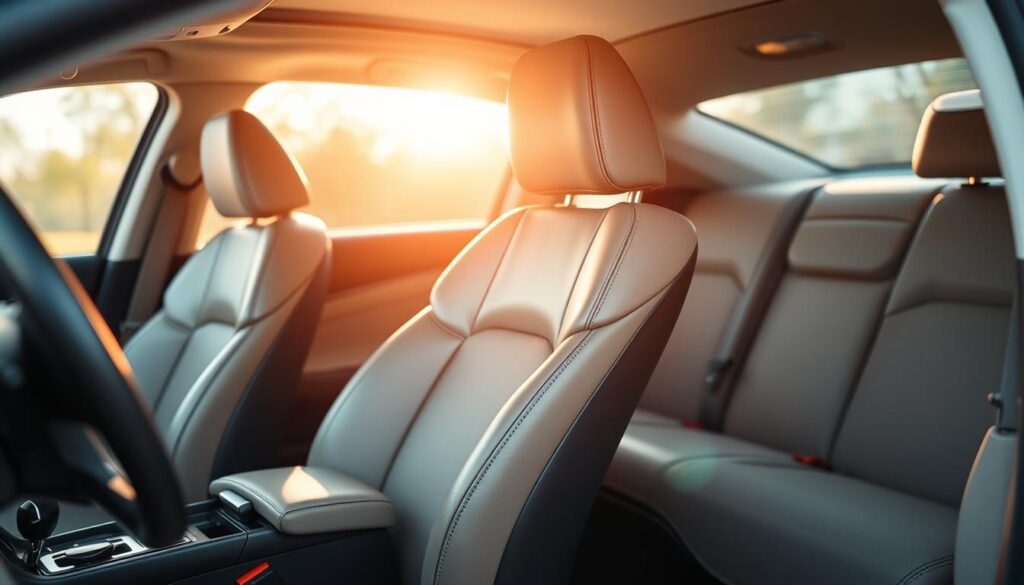 A pristine, well-maintained car interior with a focus on the clean, freshly-cleaned upholstery. The leather seats and door panels gleam under the warm, natural lighting, conveying a sense of luxury and attention to detail. The background is slightly blurred, emphasizing the importance of the car's interior. The image is shot from a slightly elevated angle, providing a comprehensive view of the clean, inviting cabin. The overall atmosphere is one of cleanliness, care, and pride in the vehicle's appearance.