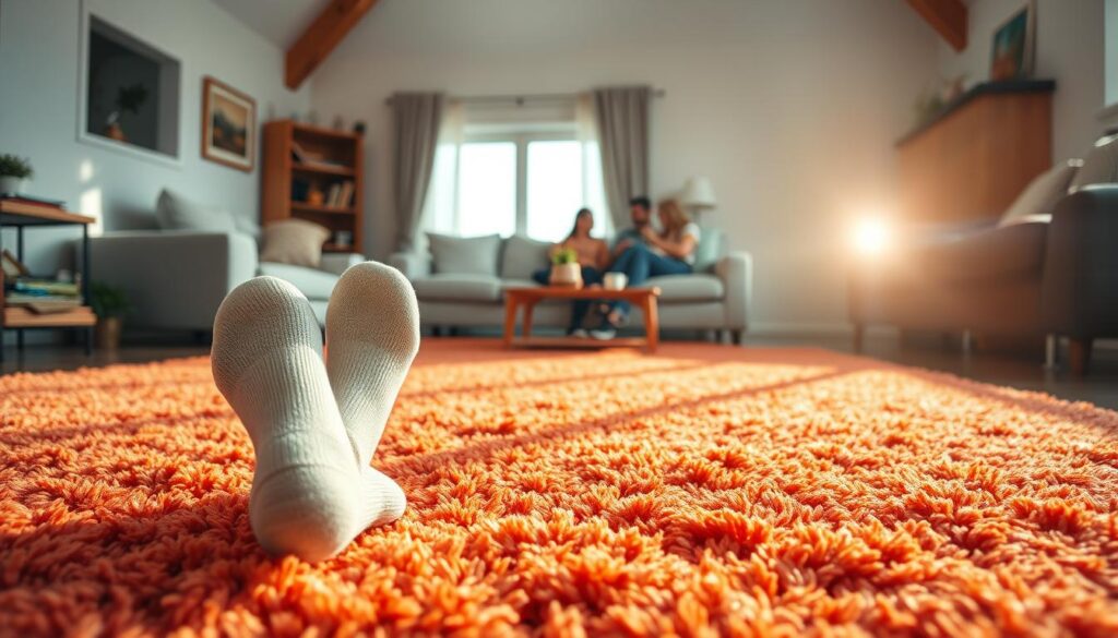 A serene living room with a plush, vibrant rug in the center, bathed in warm, natural light from a large window. The rug's fibers appear clean and well-cared for, suggesting regular maintenance. In the foreground, a pair of clean, socked feet rests comfortably on the rug, while in the background, a family gathers around a coffee table, engaged in conversation. The overall scene conveys a sense of domestic comfort and the value of preserving the beauty and longevity of a cherished home accessory.