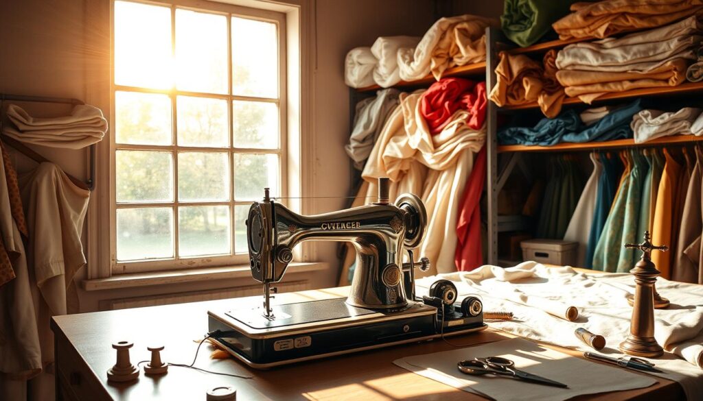 A serene sewing studio, bathed in warm natural light from a large window. Bolts of soft, flowing fabrics in a rainbow of colors line the shelves, casting gentle shadows across the work surface. A vintage sewing machine stands ready, its gleaming chrome fittings reflecting the scene. Spools of thread, scissors, and other tailoring tools are neatly arranged, awaiting the skilled hands of the seamstress. The atmosphere is one of focused creativity, where the art of dress-making comes to life. The camera captures this intimate workspace, inviting the viewer to imagine the beautiful garments that will emerge from this sanctuary of textile craftsmanship.
