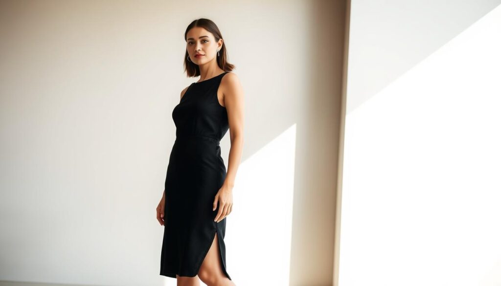 A sleek and chic black dress on a elegant female figure, captured in natural daylight with an iPhone 16 Pro Max. The dress features a streamlined silhouette, a mid-length hem, and a subtle sheen that catches the light. The model stands confidently, exuding an air of effortless sophistication. The background is blurred, keeping the focus on the dress and the model's pose. Soft, diffused lighting illuminates the scene, creating a warm and inviting atmosphere. The overall impression is one of timeless style and modern flair, perfectly capturing the essence of "black dress fashion for any occasion".