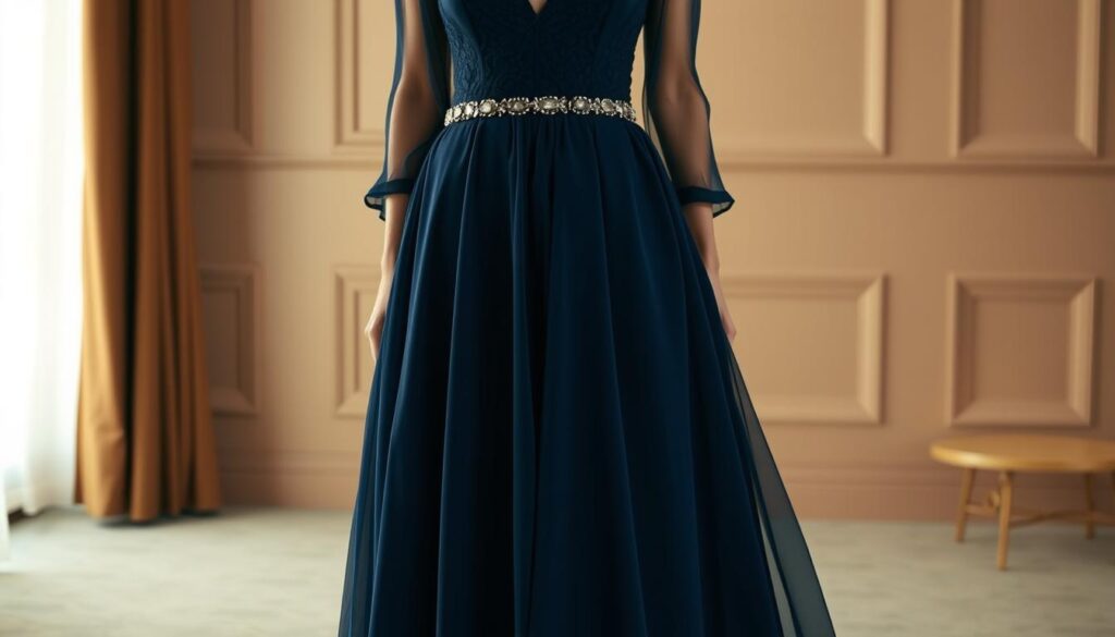 A sophisticated and elegant cocktail dress for a mature woman's wedding guest attire. A floor-length, A-line gown with a V-neckline and three-quarter sleeves in a rich, jewel-toned color. The bodice is fitted with delicate lace or chiffon detailing, creating a flattering, slimming silhouette. The skirt flows gracefully, with gentle pleats or soft ruffles adding movement and texture. Subtle metallic accents, such as a bejeweled waistband or embellished shoulders, elevate the look. Lighting is soft and warm, creating a flattering, natural glow. Photographed from a slightly low angle to capture the full length of the dress and the wearer's confident poise. A sophisticated and elegant cocktail dress for a mature woman's wedding guest attire. A floor-length, A-line gown with a V-neckline and three-quarter sleeves in a rich, jewel-toned color. The bodice is fitted with delicate lace or chiffon detailing, creating a flattering, slimming silhouette. The skirt flows gracefully, with gentle pleats or soft ruffles adding movement and texture. Subtle metallic accents, such as a bejeweled waistband or embellished shoulders, elevate the look. Lighting is soft and warm, creating a flattering, natural glow. Photographed from a slightly low angle to capture the full length of the dress and the wearer's confident poise.