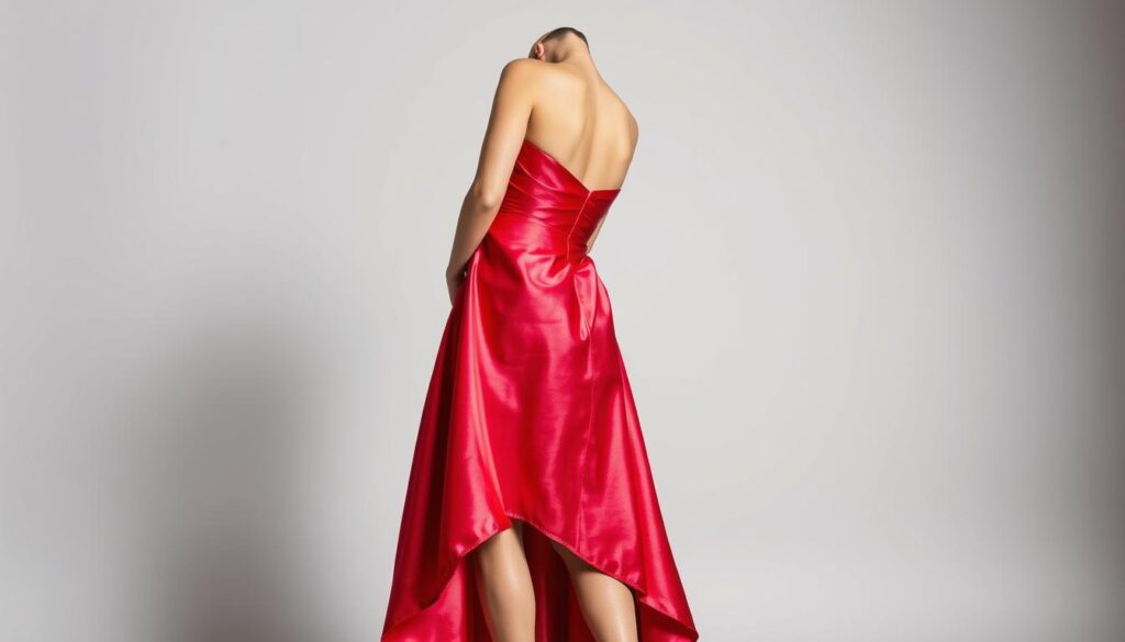 A sophisticated cocktail dress in a vibrant, shimmering fabric that drapes elegantly, accentuating the figure. The dress features a high-low hemline, with a longer back and shorter front, creating a stylish, asymmetrical silhouette. The dress is cinched at the waist, creating a flattering, hourglass shape. The neckline is a classic sweetheart cut, drawing attention to the décolletage. Soft, directional lighting illuminates the dress, casting subtle shadows and highlights that enhance the luxurious texture. The backdrop is a neutral, minimalist setting, allowing the dress to be the focal point. The overall impression is one of refined elegance and modern sophistication. A sophisticated cocktail dress in a vibrant, shimmering fabric that drapes elegantly, accentuating the figure. The dress features a high-low hemline, with a longer back and shorter front, creating a stylish, asymmetrical silhouette. The dress is cinched at the waist, creating a flattering, hourglass shape. The neckline is a classic sweetheart cut, drawing attention to the décolletage. Soft, directional lighting illuminates the dress, casting subtle shadows and highlights that enhance the luxurious texture. The backdrop is a neutral, minimalist setting, allowing the dress to be the focal point. The overall impression is one of refined elegance and modern sophistication.