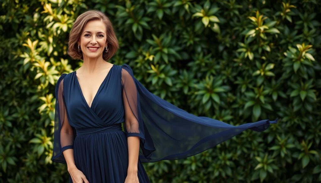 A sophisticated, tasteful evening dress for a 50-year-old woman attending a wedding. A flowing, knee-length chiffon dress in a deep, rich jewel-tone hue, cinched at the waist with a delicate fabric belt. The dress features a subtly plunging neckline and sheer, fluttering sleeves. The silhouette is elegant and figure-flattering, creating a poised, graceful appearance. Soft, natural lighting illuminates the woman's confident, radiant expression as she poses against a backdrop of lush, verdant foliage, conveying a sense of timeless style and confidence.