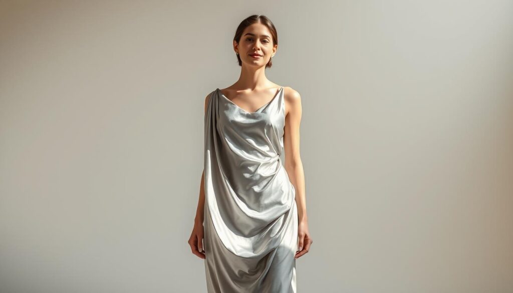 A sophisticated woman stands elegantly in a graceful, silvery-gray dress that effortlessly drapes her figure. The fabric catches the soft, natural light, creating a luminous sheen that accentuates the dress's timeless simplicity. The scene is captured with an iPhone 16 Pro Max, using a high-quality lens that beautifully renders the scene's depth and subtle textures. The background is a minimalist, studio-like setting, allowing the dress to be the focal point, showcasing its versatility and universal appeal in fashion. A sophisticated woman stands elegantly in a graceful, silvery-gray dress that effortlessly drapes her figure. The fabric catches the soft, natural light, creating a luminous sheen that accentuates the dress's timeless simplicity. The scene is captured with an iPhone 16 Pro Max, using a high-quality lens that beautifully renders the scene's depth and subtle textures. The background is a minimalist, studio-like setting, allowing the dress to be the focal point, showcasing its versatility and universal appeal in fashion.