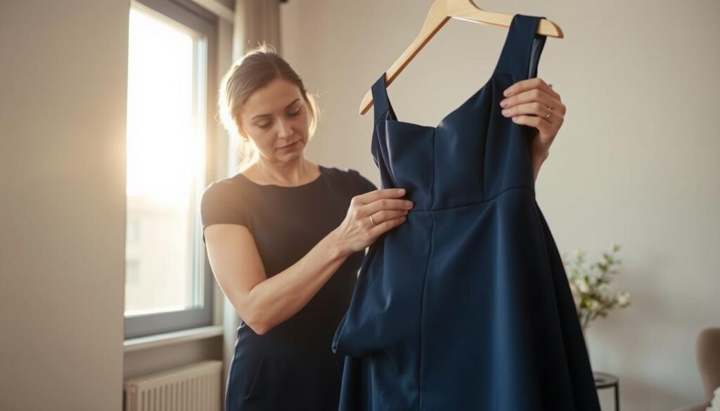 A sophisticated woman stands in a well-lit room, carefully examining the length of her navy blue dress. The afternoon sun filters through the window, casting a warm glow on her contemplative expression. Her skilled hands deftly pinch and tuck the fabric, visualizing the perfect hem length that will flatter her figure. The scene is captured with the clarity and depth of field of an iPhone 16 Pro Max, highlighting the intricate details of the garment and the subject's thoughtful process. This image perfectly encapsulates the "Wprowadzenie do skracania sukienek" section, illustrating the art of altering a dress to achieve the desired look without cutting.