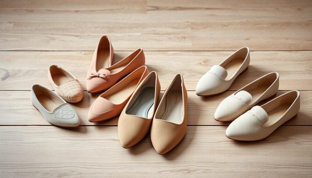 A still life arrangement of stylish flat shoes in various neutral tones, artfully placed on a wooden surface with a soft, diffused lighting setup. The shoes, including ballet flats and loafers, are arranged in a visually appealing composition, showcasing their elegant simplicity and versatility. The scene is captured with a crisp, high-resolution perspective using an iPhone 16 Pro Max, creating a sense of refined, high-quality photography that would complement the article's section on pairing flat shoes with dresses.