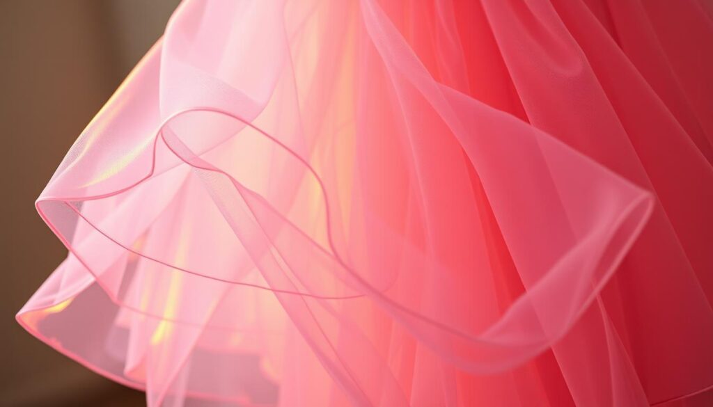 A stunning close-up photograph of a vibrant, flowing tulle dress, captured with the precision of an iPhone 16 Pro Max. The dress cascades in delicate layers, its soft folds and billowing silhouette evoking a sense of grace and femininity. The lighting casts a warm, golden glow, accentuating the dress's ethereal texture and highlighting the intricate details of the tulle. The background is softly blurred, allowing the dress to take center stage and draw the viewer's attention to its captivating beauty. This image perfectly encapsulates the allure and versatility of a tulle dress, inviting the viewer to explore the many benefits and styling possibilities it offers.