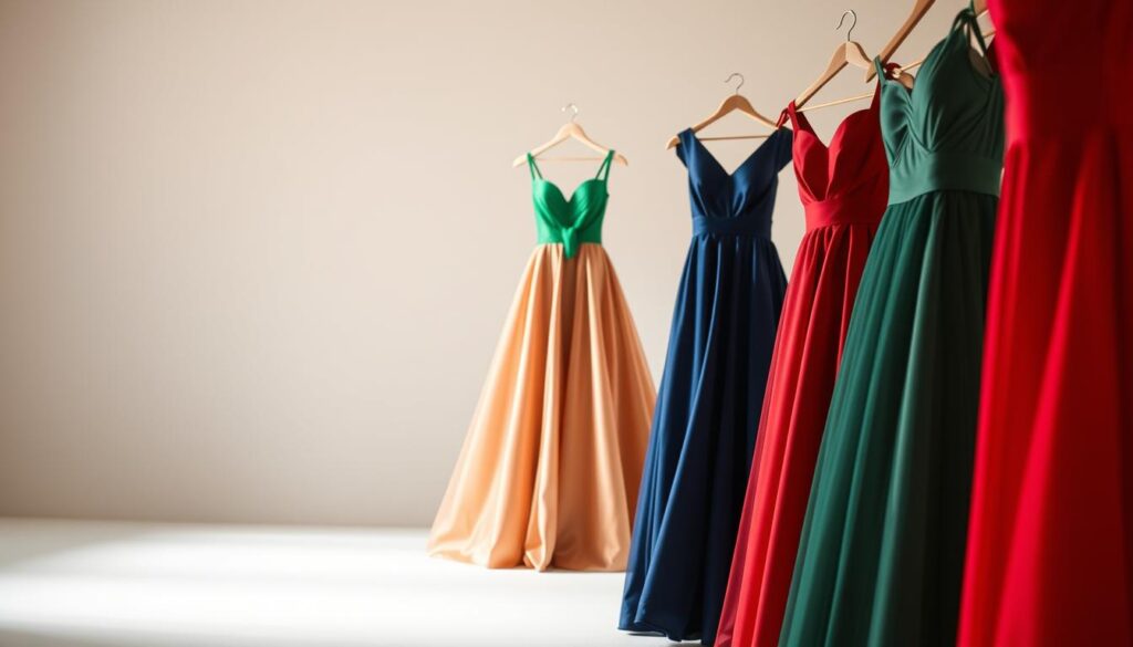 A stunning photograph captures the essence of color and its impact on fashion. In the foreground, an array of elegant dresses in vibrant hues - ruby red, emerald green, and midnight blue - grace a well-lit studio. The middle ground showcases the diversity of shades, with soft pastels and bold jewel tones complementing each other effortlessly. The background fades into a neutral backdrop, allowing the dresses to take center stage. The lighting, carefully crafted, casts a warm, inviting glow, accentuating the luxurious textures and intricate details of the garments. This meticulously composed image, captured with the precision of an iPhone 16 Pro Max, offers a visually stunning exploration of the significance of color in women's fashion.
