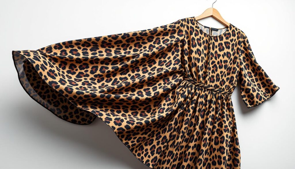 A stylish leopard print dress, its patterns and textures captured in vivid detail. The fabric flows gracefully, catching the light and casting subtle shadows. The dress is showcased against a minimalist, studio-style backdrop, with soft, even lighting highlighting its elegant silhouette. The composition emphasizes the fashionable appeal of the print, inviting the viewer to imagine how this versatile pattern could be incorporated into a chic, modern wardrobe. This realistic iPhone 16 Pro Max photograph captures the essence of a timeless, yet trend-setting, fashion item.