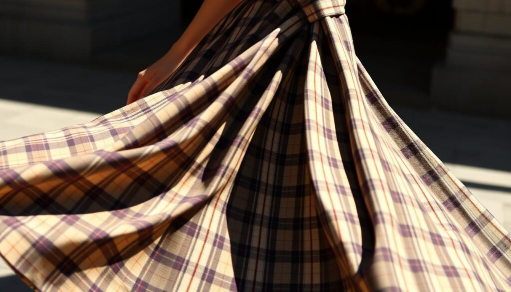 A stylish plaid dress sways gracefully, its pattern a timeless tapestry of intersecting lines. Captured in natural light, the fabric's textures come alive, casting soft shadows that accentuate the dress's elegant silhouette. The scene is imbued with a sense of effortless sophistication, conveying the enduring appeal of this classic wardrobe staple. Shot with an iPhone 16 Pro Max, the image showcases the dress's versatility, inviting the viewer to imagine how it might be paired with complementary accessories to create a range of chic, timeless looks.