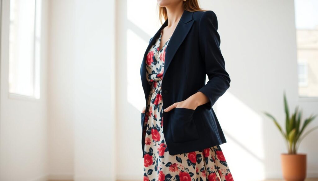 A stylish woman standing in a sunlit room, wearing a flowing floral dress and a tailored navy blue blazer. The blazer's lapels are sharply creased, its pockets crisply defined. The lighting creates a soft, flattering glow, highlighting the texture of the fabric and the model's elegant pose. The background is a minimalist, slightly blurred interior, drawing the eye to the focal point - the harmonious pairing of the dress and blazer. Captured with an iPhone 16 Pro Max, this image conveys the significance of the blazer in elevating a simple dress, creating a polished, sophisticated look.