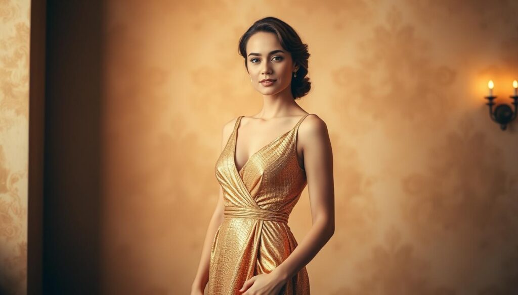 A stylish woman stands elegantly in a captivating golden dress, her posture exuding confidence and grace. The warm, soft lighting casts a flattering glow, highlighting the dress's intricate details and the model's delicate features. The background is a harmonious blend of muted tones, creating a sophisticated and timeless atmosphere. The camera's high-quality lens captures the scene with clarity and depth, drawing the viewer's attention to the central focus - the captivating golden dress. This image perfectly encapsulates the essence of the section, showcasing the versatility and allure of the golden dress for various occasions. A stylish woman stands elegantly in a captivating golden dress, her posture exuding confidence and grace. The warm, soft lighting casts a flattering glow, highlighting the dress's intricate details and the model's delicate features. The background is a harmonious blend of muted tones, creating a sophisticated and timeless atmosphere. The camera's high-quality lens captures the scene with clarity and depth, drawing the viewer's attention to the central focus - the captivating golden dress. This image perfectly encapsulates the essence of the section, showcasing the versatility and allure of the golden dress for various occasions.