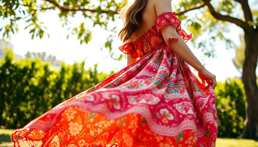 A sun-dappled summer day, a stunning Spanish-style dress flows gracefully, its vibrant pattern and off-the-shoulder silhouette radiating effortless elegance. The scene is captured with an iPhone 16 Pro Max, the warm lighting casting a soft, natural glow that accentuates the dress's intricate details. In the foreground, the dress sways gently, its voluminous skirt and delicate lace trim creating a captivating visual. The middle ground features a lush, verdant backdrop, hinting at a picturesque outdoor setting. The overall composition conveys a sense of relaxed sophistication, perfectly embodying the essence of the "ideal summer dress" as the focal point.