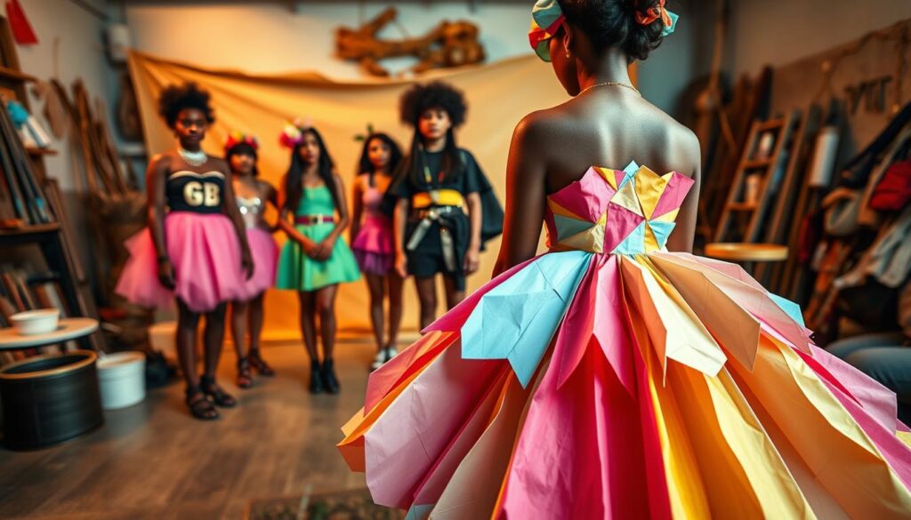 A vibrant and imaginative DIY fashion scene, captured through the lens of an iPhone 16 Pro Max. In the foreground, a playful paper dress with intricate origami-inspired folds and vibrant colors, styled with a bold, upcycled accessories. The middle ground showcases a group of creatively dressed individuals, each embodying a unique DIY aesthetic, from a whimsical tulle skirt to a striking bibuła cape. The background hints at a makeshift studio, with a playful backdrop of recycled materials and natural textures, evoking a sense of resourcefulness and artistic expression. Warm, diffused lighting casts a warm, inviting glow, highlighting the textures and details of the DIY creations. An image that celebrates the joy, creativity, and empowerment of DIY fashion.