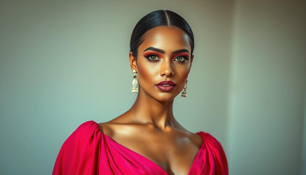 A vibrant fashion portrait showcasing a stylish woman in an elegant dress, illuminated by soft, natural lighting. The scene is captured with a high-quality iPhone 16 Pro Max camera, showcasing her flawless makeup that complements the dress's color. The composition emphasizes the interplay between the dress and the makeup, guiding the viewer's attention to the harmonious pairing. The background is subtly blurred, creating a focus on the subject and highlighting the importance of color coordination in achieving a cohesive, fashionable look. A vibrant fashion portrait showcasing a stylish woman in an elegant dress, illuminated by soft, natural lighting. The scene is captured with a high-quality iPhone 16 Pro Max camera, showcasing her flawless makeup that complements the dress's color. The composition emphasizes the interplay between the dress and the makeup, guiding the viewer's attention to the harmonious pairing. The background is subtly blurred, creating a focus on the subject and highlighting the importance of color coordination in achieving a cohesive, fashionable look.