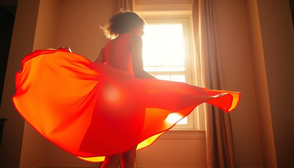 A vibrant orange dress sways gracefully, catching the warm sunlight that filters through a window. The fabric's silky texture and flattering cut accentuate the model's figure. The dress is paired with minimal accessories, allowing the color to take center stage. Soft, diffused lighting creates a natural, inviting atmosphere, while the iPhone 16 Pro Max camera captures the scene with exceptional detail and clarity. This stylish, versatile dress exemplifies why it's a wardrobe essential, effortlessly elevating any look with its vibrant hue and timeless elegance.