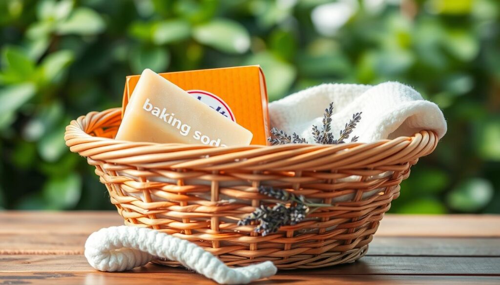 A vibrant, well-lit close-up photograph of a basket filled with natural, eco-friendly laundry products, including a bar of homemade soap, a box of baking soda, and a handful of dried lavender. The basket is placed on a wooden surface, with a lush, blurred green foliage background, conveying a sense of freshness and sustainability. The lighting is soft and natural, capturing the textures and colors of the materials in a warm, inviting manner. The overall composition emphasizes the benefits of using natural, chemical-free alternatives for laundry, creating a visually appealing and informative image.