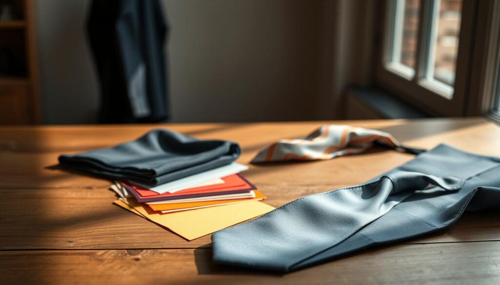 A visually striking still life showcasing the fundamental principles of color theory. Arranged on a wooden table, a selection of color swatches in a harmonious palette evoke the thoughtful coordination of a tailored suit and tie. Soft, natural lighting from a large window bathes the scene in a warm, inviting glow, emphasizing the considered color relationships. The minimalist composition, captured with the sharp detail of a high-end smartphone camera, invites the viewer to appreciate the nuanced interplay of hues that elevate a stylish, well-considered outfit.