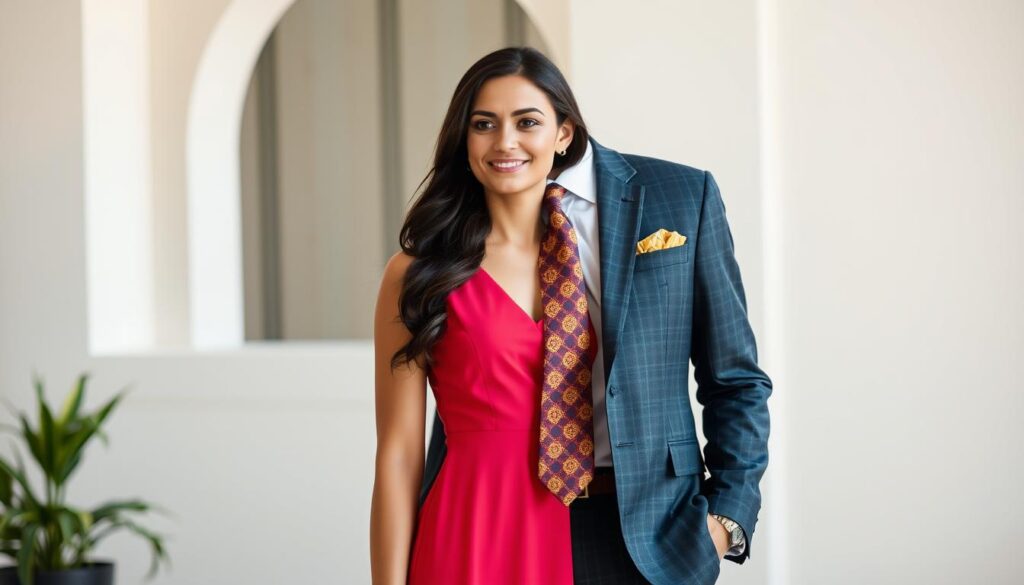 A well-dressed couple standing in a stylish setting, the woman wearing a vibrant dress that complements the man's expertly coordinated tie. The tie's color and pattern seamlessly integrate with the dress, creating a harmonious and visually striking ensemble. The lighting is soft and natural, accentuating the elegance of the scene. The composition is carefully balanced, with the figures positioned in a way that highlights their coordinated attire. The overall atmosphere conveys a sense of sophistication and attention to detail, effectively illustrating the article's section on matching a tie to a dress.