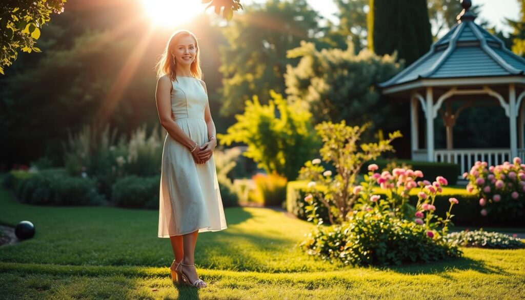 A well-dressed wedding guest stands in a lush garden, the sun casting a warm glow on her elegant dress. The midi-length frock features a subtle floral pattern and a flattering A-line silhouette, paired with strappy heels and delicate jewelry. Her posture is poised, capturing the perfect balance of formal and stylish attire for a wedding celebration. The background showcases a verdant landscape, with blooming flowers and a picturesque gazebo, creating a serene and picturesque scene that reflects the refined dress code for a wedding event.