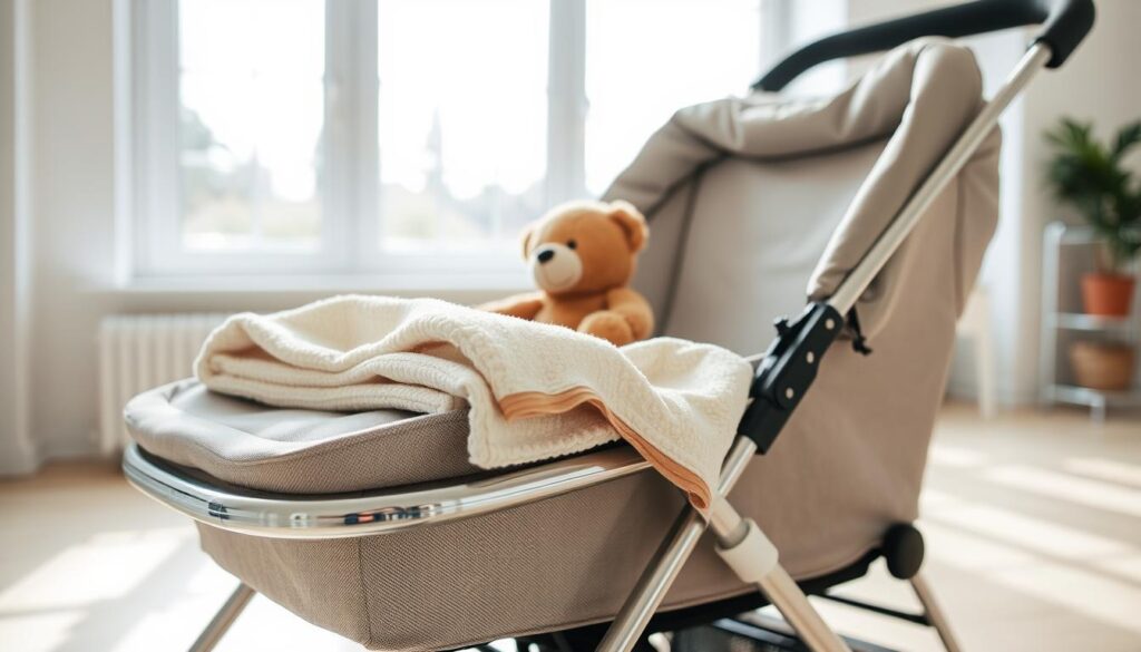 A well-kept, clean stroller in a bright, airy room, with natural light streaming in through large windows. The stroller's fabric in pristine condition, its metal frame gleaming. A child's teddy bear sits atop the neatly folded blanket, conveying a sense of care and attention to detail. The camera's lens captures the scene from a slightly elevated angle, highlighting the stroller's design and the overall sense of order and cleanliness. The atmosphere is calm and serene, reflecting the importance of regular stroller maintenance for a child's well-being. A well-kept, clean stroller in a bright, airy room, with natural light streaming in through large windows. The stroller's fabric in pristine condition, its metal frame gleaming. A child's teddy bear sits atop the neatly folded blanket, conveying a sense of care and attention to detail. The camera's lens captures the scene from a slightly elevated angle, highlighting the stroller's design and the overall sense of order and cleanliness. The atmosphere is calm and serene, reflecting the importance of regular stroller maintenance for a child's well-being.