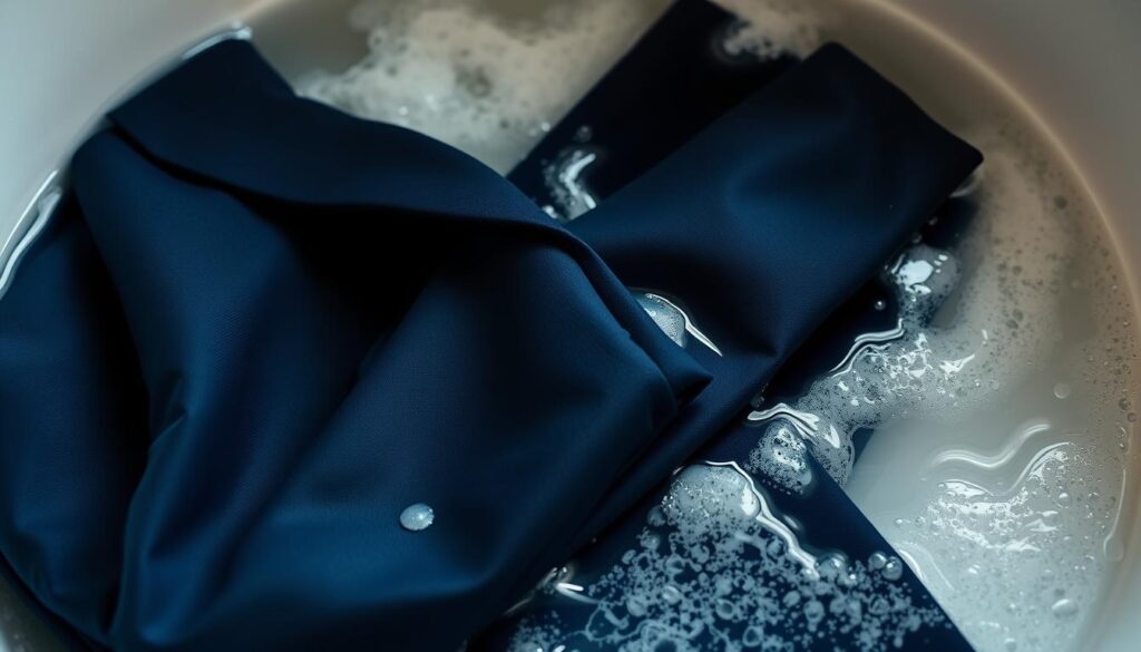 A well-lit, close-up photograph of a navy blue suit jacket and trousers being carefully washed by hand in a sink filled with soapy water. The garments are partially submerged, with suds gently swirling around them. The folds and details of the fabric are clearly visible, showcasing the intricate construction of the suit. The image has a serene, contemplative mood, capturing the attention to detail and care required when laundering a fine garment at home. The overall composition emphasizes the textural elements of the clothing and the thoughtful process of hand-washing a suit.
