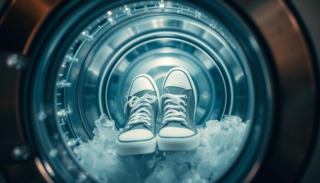 A well-lit, close-up photograph of a pair of sneakers being washed in a modern, stainless steel washing machine. The sneakers are positioned prominently in the center of the frame, with the machine's controls and interior visible in the background. The lighting is soft and diffused, creating a clean, clinical atmosphere. The camera angle is slightly elevated, providing a birds-eye view of the scene. The overall composition is balanced and visually appealing, highlighting the process of washing shoes in a household washing machine. A well-lit, close-up photograph of a pair of sneakers being washed in a modern, stainless steel washing machine. The sneakers are positioned prominently in the center of the frame, with the machine's controls and interior visible in the background. The lighting is soft and diffused, creating a clean, clinical atmosphere. The camera angle is slightly elevated, providing a birds-eye view of the scene. The overall composition is balanced and visually appealing, highlighting the process of washing shoes in a household washing machine.