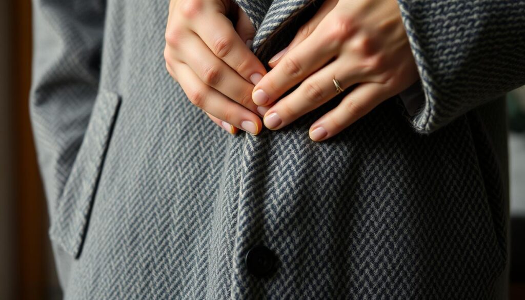 A well-lit, close-up photograph of a woolen overcoat, carefully inspected by a person's hands. The coat's surface is textured, with intricate weave patterns and subtle shades of gray, beige, and brown. The lighting is soft and diffused, creating gentle shadows that accentuate the fabric's depth and materiality. The camera angle is slightly elevated, giving a slightly downward perspective, as if the viewer is examining the garment up close. The background is blurred, allowing the coat to be the central focus of the image. The overall mood is one of thoughtful contemplation, inviting the viewer to closely observe the details and consider the proper care and maintenance of this classic, high-quality garment.