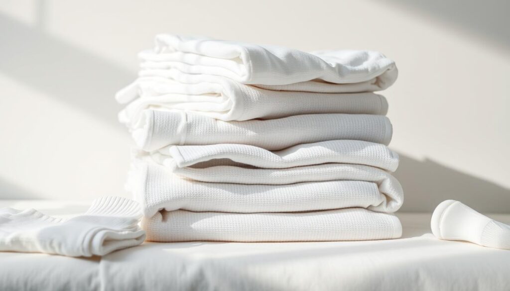 A well-lit, close-up photograph of neatly stacked, freshly laundered white clothing items, including shirts, towels, and socks, set against a simple, clean background. The lighting is soft and natural, casting gentle shadows that accentuate the textures and folds of the fabrics. The composition is balanced, with the items arranged in an organized, symmetrical manner, conveying a sense of order and attention to detail. The overall mood is one of cleanliness, simplicity, and the importance of proper laundry segregation for maintaining the pristine appearance of white garments.