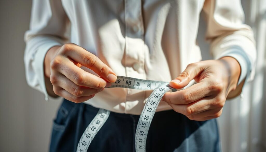 A well-lit, detailed close-up photograph of a person's hands carefully measuring a garment with a sewing tape measure. The subject is positioned in the center of the frame, with the garment and tape measure filling the foreground. The background is slightly blurred, creating a sense of depth and focus on the primary action. The lighting is natural and slightly diffused, casting soft shadows that enhance the texture and contours of the fabric and hands. The overall mood is one of precision, attention to detail, and the importance of accurate clothing measurements. A well-lit, detailed close-up photograph of a person's hands carefully measuring a garment with a sewing tape measure. The subject is positioned in the center of the frame, with the garment and tape measure filling the foreground. The background is slightly blurred, creating a sense of depth and focus on the primary action. The lighting is natural and slightly diffused, casting soft shadows that enhance the texture and contours of the fabric and hands. The overall mood is one of precision, attention to detail, and the importance of accurate clothing measurements.
