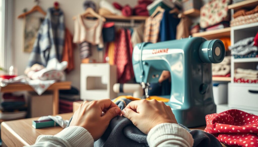 A well-lit, detailed scene showcasing the benefits of sewing. In the foreground, a pair of skilled hands expertly mending a garment, with a sewing machine and various sewing tools in the middle ground. The background features a neatly organized sewing room, brimming with colorful fabrics, patterns, and a cozy, inviting atmosphere. The lighting is natural and warm, casting a soft glow on the scene, highlighting the tactile nature of the craft. The composition is balanced, with the central focus on the sewing process, conveying a sense of accomplishment, self-reliance, and the joy of creating something unique. A well-lit, detailed scene showcasing the benefits of sewing. In the foreground, a pair of skilled hands expertly mending a garment, with a sewing machine and various sewing tools in the middle ground. The background features a neatly organized sewing room, brimming with colorful fabrics, patterns, and a cozy, inviting atmosphere. The lighting is natural and warm, casting a soft glow on the scene, highlighting the tactile nature of the craft. The composition is balanced, with the central focus on the sewing process, conveying a sense of accomplishment, self-reliance, and the joy of creating something unique.