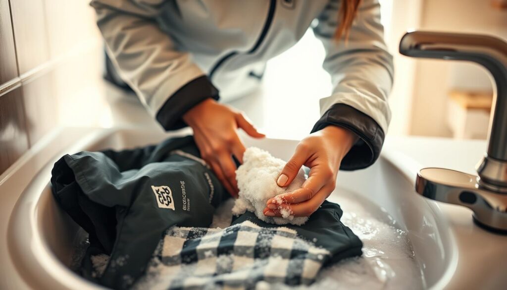 A well-lit, high-resolution photograph of a woman carefully hand-washing her ski jacket and pants in a sink, using a gentle detergent and focused attention. The foreground shows the clothing items submerged in sudsy water, while the middle ground depicts the woman's hands gently scrubbing the fabric. The background is softly blurred, creating a sense of calm and concentration. The lighting is natural and warm, capturing the importance of properly caring for technical outerwear to extend its lifespan and performance. The overall mood is one of mindfulness and attention to detail, reflecting the crucial need for careful laundering of ski and snowboard apparel.