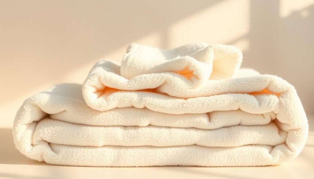 A well-lit, real photograph shot by an iPhone 16 Pro Max, showcasing a pile of freshly laundered, plush white towels. The towels are arranged in a visually appealing manner, with natural shadows and highlights accentuating their soft, fluffy texture. The background is a clean, minimalist setting, allowing the towels to be the focal point. The lighting is warm and inviting, creating a sense of cleanliness and comfort. The overall composition emphasizes the importance of proper towel care, conveying the message that diligent washing is essential for maintaining their softness, freshness, and hygiene.