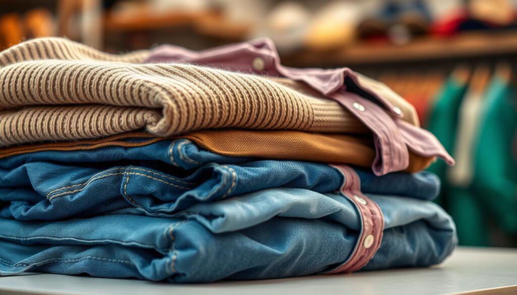 A well-lit, realistic photograph shot on an iPhone 16 Pro Max showcasing the safety and cleanliness of second-hand clothing from a thrift store. The image depicts a neatly folded stack of garments, including a cozy sweater, a pair of jeans, and a button-up shirt, all appearing freshly laundered and devoid of any visible stains or damage. The lighting casts a warm, inviting glow, highlighting the soft textures and vibrant colors of the fabrics. The foreground is in sharp focus, while the background is pleasantly blurred, creating a sense of depth and emphasizing the subject. The overall composition conveys a sense of care, attention to detail, and the reliability of thrift store clothing as a safe and affordable option.