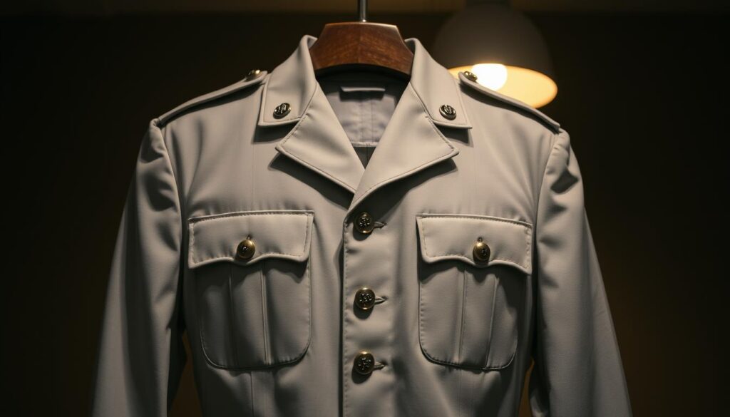 A well-maintained military uniform, freshly pressed and pristine, with crisp lines and a polished sheen, stands proudly in a dimly lit room, the soft glow of a single lamp highlighting the attention to detail. The fabric has been meticulously cared for, with not a single stain or crease to be found. The metal buttons and insignia gleam, reflecting the care and respect given to this symbol of service. The image conveys a sense of discipline, order, and the importance of taking pride in one's appearance, as if the uniform itself is a living embodiment of the wearer's commitment to their duty.