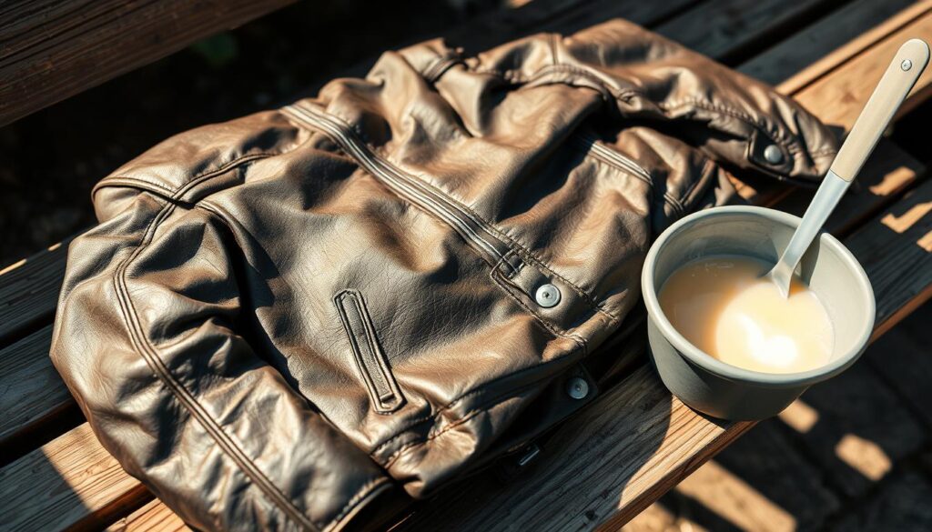 A well-maintained motorbike gear, its leather jacket and pants glistening in the warm afternoon light, resting on a weathered wooden bench. The fabric's surface bears the marks of past adventures, each scratch and scuff a testament to the wearer's dedication. Nearby, a small tub filled with a gentle cleaning solution, ready to revive the garments, restoring their resilience and sheen. The scene conveys a sense of care and respect, a ritual of prolonging the life of trusted riding companions. A carefully composed still life, capturing the essence of responsible motorcycle apparel upkeep.
