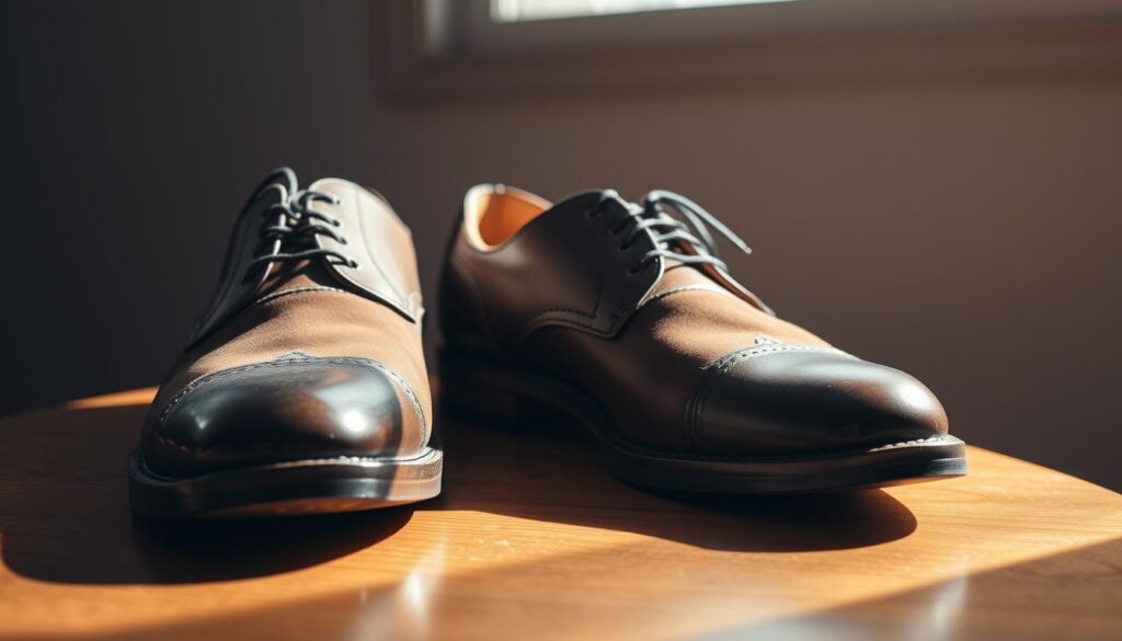 A well-maintained pair of shoes resting on a wooden surface, illuminated by natural light filtering through a window. The leather or suede uppers gleam with a fresh polish, while the soles show minimal wear, indicating careful attention and care. The shoes are framed by a simple, uncluttered background, allowing the focus to remain on the importance of proper footwear maintenance. The composition conveys a sense of tranquility and the value of investing time in preserving the quality and lifespan of one's cherished footwear.