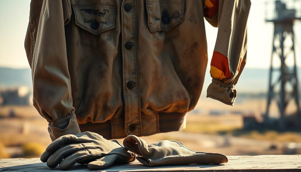A well-worn work jacket hangs on a clothesline, sun-dappled and gently swaying. The fabric is stained with grease and dirt, a testament to the demanding tasks it has endured. In the foreground, a pair of sturdy work gloves lie nearby, their leather weathered and creased. The background is a softly blurred landscape, hinting at the industrial setting where this garment was put to the test. The lighting is natural and warm, casting a golden glow that emphasizes the importance of proper care for these essential workwear items. This image conveys the significance of thorough, effective cleaning to maintain the integrity and longevity of work clothes.