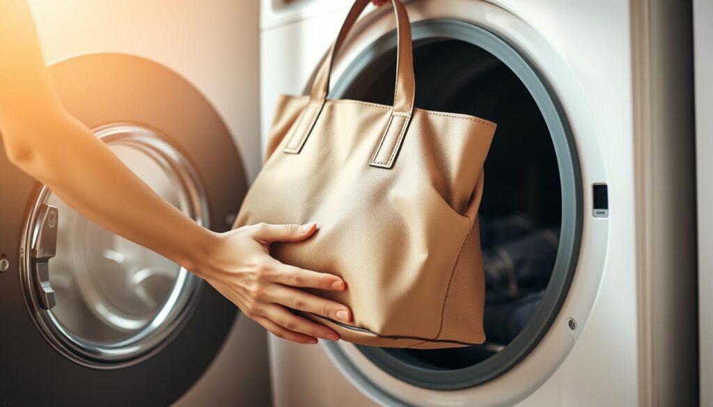 A woman gently placing a handbag into a washing machine, soft natural light filling the scene. The bag is a neutral-toned leather or canvas style, showing signs of everyday wear. The woman's hands are carefully cradling the bag, conveying a sense of care and attention. The washing machine is set against a plain, minimalist background, emphasizing the focus on the task at hand. The lighting is warm and diffuse, creating a calming, domestic atmosphere. The composition is balanced, with the woman's hands and the bag positioned centrally in the frame. The overall mood is one of quiet, thoughtful practicality. A woman gently placing a handbag into a washing machine, soft natural light filling the scene. The bag is a neutral-toned leather or canvas style, showing signs of everyday wear. The woman's hands are carefully cradling the bag, conveying a sense of care and attention. The washing machine is set against a plain, minimalist background, emphasizing the focus on the task at hand. The lighting is warm and diffuse, creating a calming, domestic atmosphere. The composition is balanced, with the woman's hands and the bag positioned centrally in the frame. The overall mood is one of quiet, thoughtful practicality.