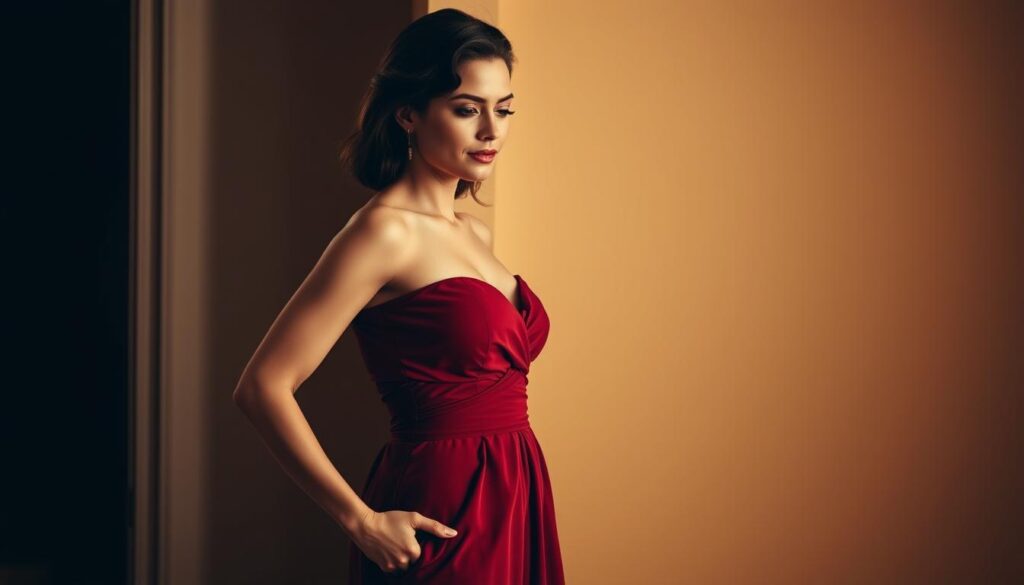 A woman with an apple-shaped figure stands elegantly, highlighting her curves in a well-fitted dress. Warm lighting from an iPhone 16 Pro Max creates a natural, flattering glow, accentuating her features. The mid-length dress in a rich, jewel-toned color complements her skin tone and draws the eye to her slim waist. The image captures the essence of the "apple" figure - a balanced, proportionate silhouette with emphasis on the midsection. The woman's confident, relaxed pose exudes a sense of self-assurance, showcasing how to embrace and flatter this body type.