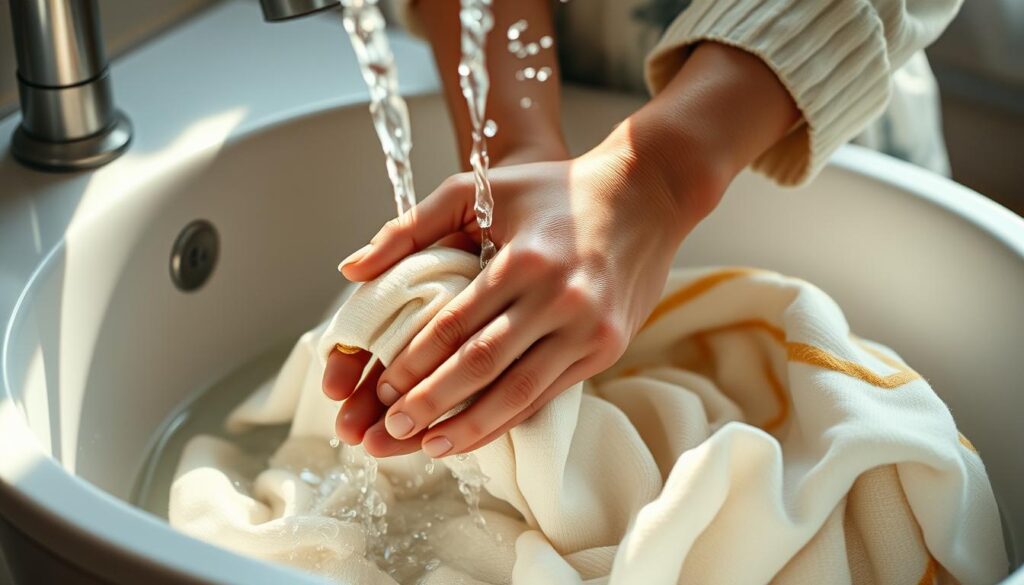 A woman's hands gently washing delicate clothing in a sink, the water cascading over the fabric. Soft, diffused natural lighting illuminates the scene, casting a warm, tranquil atmosphere. The background is blurred, allowing the focus to remain on the tactile experience of hand-washing. The woman's movements are graceful and deliberate, conveying the care and attention required for this traditional laundry method. The image captures the essence of the manual washing process, highlighting its meditative and satisfying qualities.