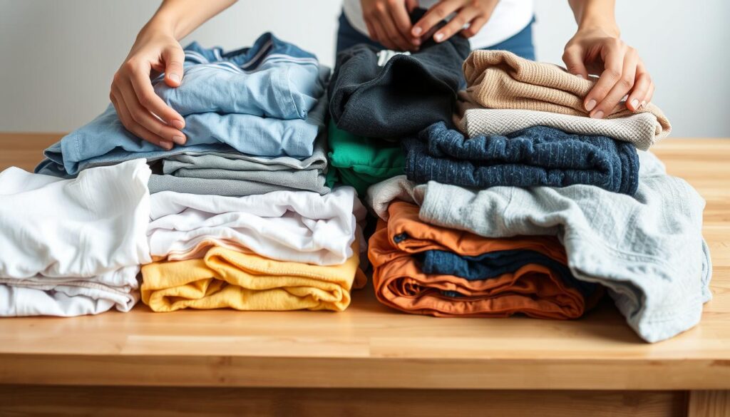 Detailed image of a person sorting and folding various types of clothing on a wooden table, with a soft, natural lighting and a clean, minimalist background. The person's hands are carefully organizing shirts, pants, socks, and other fabrics into piles, showcasing the importance of proper clothing separation before washing. The composition highlights the various textures and colors of the garments, creating a visually appealing and informative scene that would effectively illustrate the section on the benefits of sorting laundry. Detailed image of a person sorting and folding various types of clothing on a wooden table, with a soft, natural lighting and a clean, minimalist background. The person's hands are carefully organizing shirts, pants, socks, and other fabrics into piles, showcasing the importance of proper clothing separation before washing. The composition highlights the various textures and colors of the garments, creating a visually appealing and informative scene that would effectively illustrate the section on the benefits of sorting laundry.