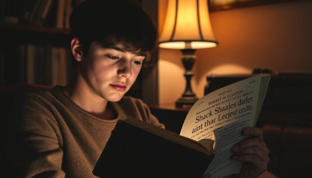 A cozy study, dimly lit by a warm lamp, is the setting for a thoughtful student engrossed in a book, a "Makbet" quiz in hand. The textured pages and worn leather cover of the book suggest a cherished literary companion. Soft shadows cast by the lamp create a contemplative atmosphere, highlighting the student's focused expression as they ponder the quiz's questions, eager to delve deeper into the nuances of Shakespeare's classic tragedy. The image conveys the joy and rewards of exploring literature through interactive learning, a testament to the power of "Makbet quizy" to engage and enlighten students and literature enthusiasts alike.