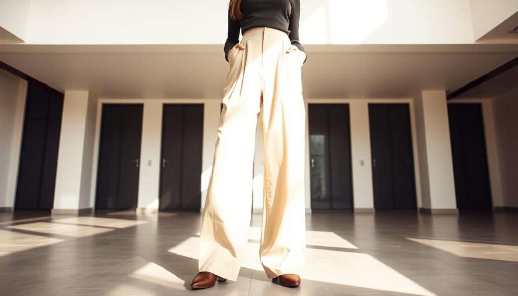 A stylish person wearing a pair of high-waisted, wide-leg trousers in a neutral color, standing confidently in a well-lit, minimalist indoor setting. The lighting is soft and natural, creating a warm, inviting atmosphere. The camera angle is slightly elevated, capturing the full length of the outfit and highlighting the elegant silhouette. The focus is on the trousers, showcasing their relaxed yet sophisticated look, with attention to details like the fabric, cut, and fit. The overall impression is one of effortless, contemporary fashion that inspires the viewer to experiment with wider-legged pants. A stylish person wearing a pair of high-waisted, wide-leg trousers in a neutral color, standing confidently in a well-lit, minimalist indoor setting. The lighting is soft and natural, creating a warm, inviting atmosphere. The camera angle is slightly elevated, capturing the full length of the outfit and highlighting the elegant silhouette. The focus is on the trousers, showcasing their relaxed yet sophisticated look, with attention to details like the fabric, cut, and fit. The overall impression is one of effortless, contemporary fashion that inspires the viewer to experiment with wider-legged pants.