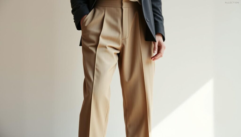 A well-dressed individual standing confidently, wearing a carefully tailored oversized pair of trousers that elegantly flow and drape, creating a sleek, modern silhouette. The lighting is soft and natural, capturing the texture of the fabric and the gentle folds. The camera angle is slightly elevated, emphasizing the graceful lines of the outfit. The background is minimalist, allowing the subject to be the focal point, exuding a sense of effortless style and timeless sophistication. A well-dressed individual standing confidently, wearing a carefully tailored oversized pair of trousers that elegantly flow and drape, creating a sleek, modern silhouette. The lighting is soft and natural, capturing the texture of the fabric and the gentle folds. The camera angle is slightly elevated, emphasizing the graceful lines of the outfit. The background is minimalist, allowing the subject to be the focal point, exuding a sense of effortless style and timeless sophistication.