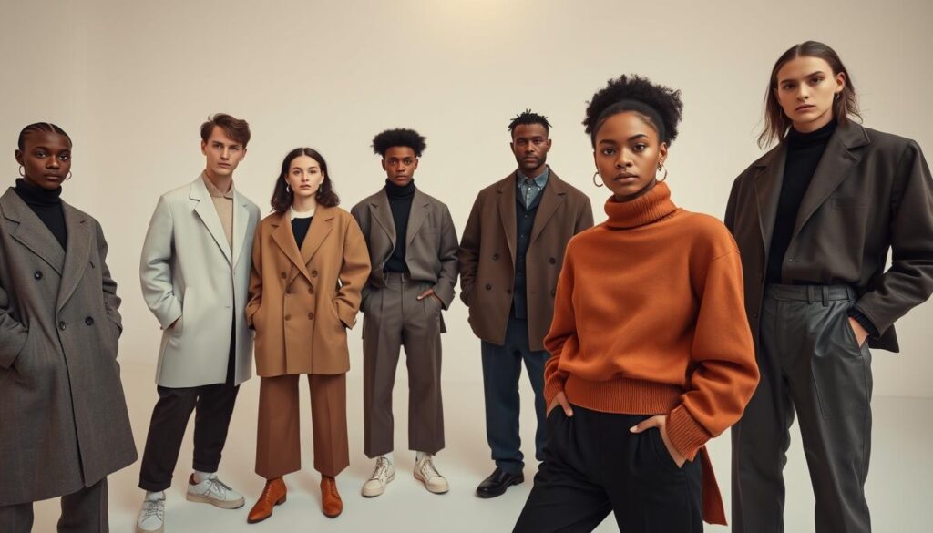 a striking unisex fashion editorial set in a minimalist studio, capturing models of diverse ages and genders wearing androgynous, gender-neutral clothing and accessories. The lighting is soft and diffused, creating a warm, inviting atmosphere. The camera angle is slightly elevated, giving a sense of sophistication and modernity. The models are posed confidently, their expressions relaxed and natural. The clothing features clean lines, muted tones, and versatile silhouettes that could be worn by anyone, emphasizing the inclusive and boundary-breaking nature of unisex fashion. The overall aesthetic is sleek, stylish, and timeless, reflecting the growing appeal and strength of the unisex fashion movement. a striking unisex fashion editorial set in a minimalist studio, capturing models of diverse ages and genders wearing androgynous, gender-neutral clothing and accessories. The lighting is soft and diffused, creating a warm, inviting atmosphere. The camera angle is slightly elevated, giving a sense of sophistication and modernity. The models are posed confidently, their expressions relaxed and natural. The clothing features clean lines, muted tones, and versatile silhouettes that could be worn by anyone, emphasizing the inclusive and boundary-breaking nature of unisex fashion. The overall aesthetic is sleek, stylish, and timeless, reflecting the growing appeal and strength of the unisex fashion movement.